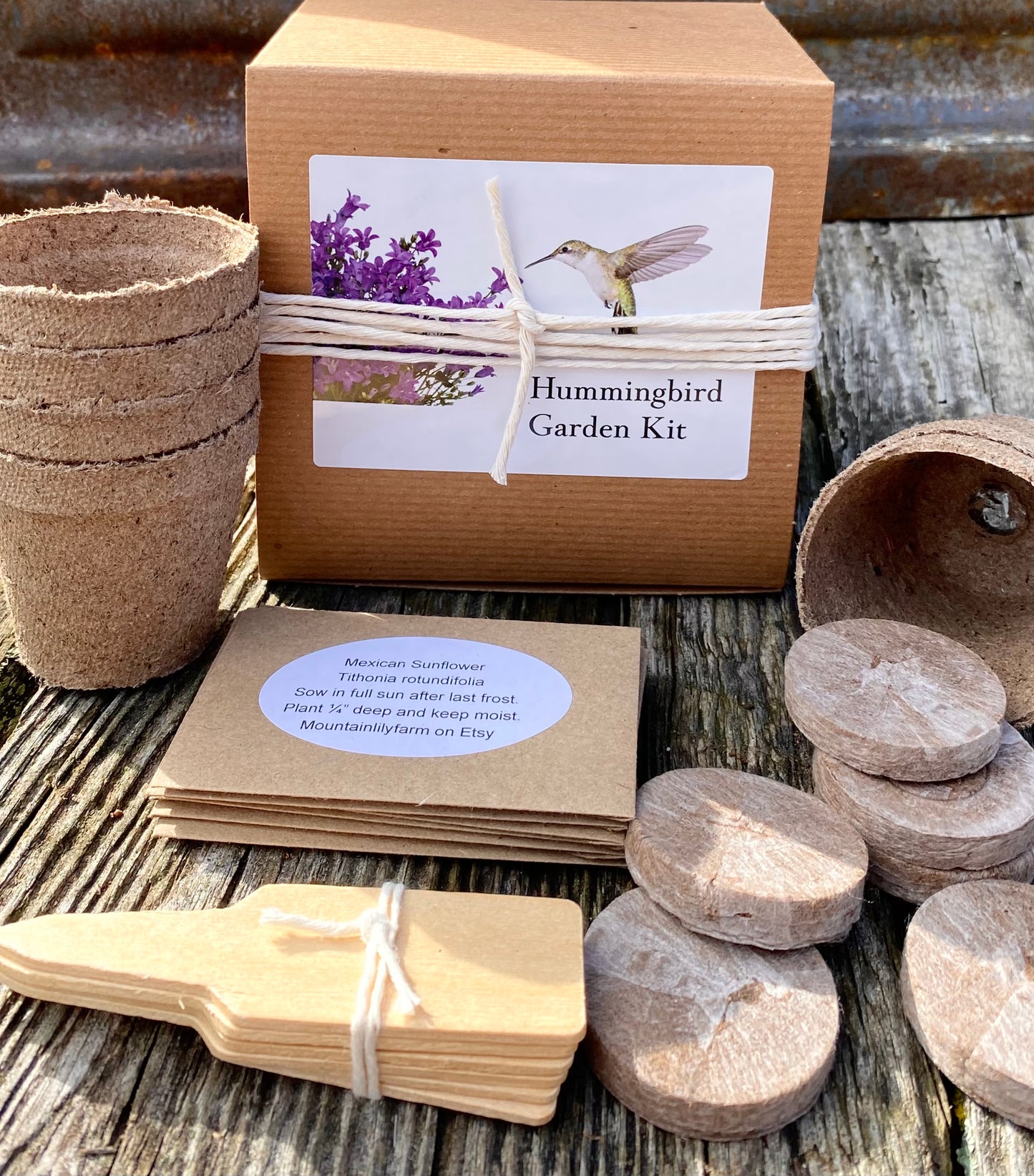 hummingbird seed kit with garden supplies